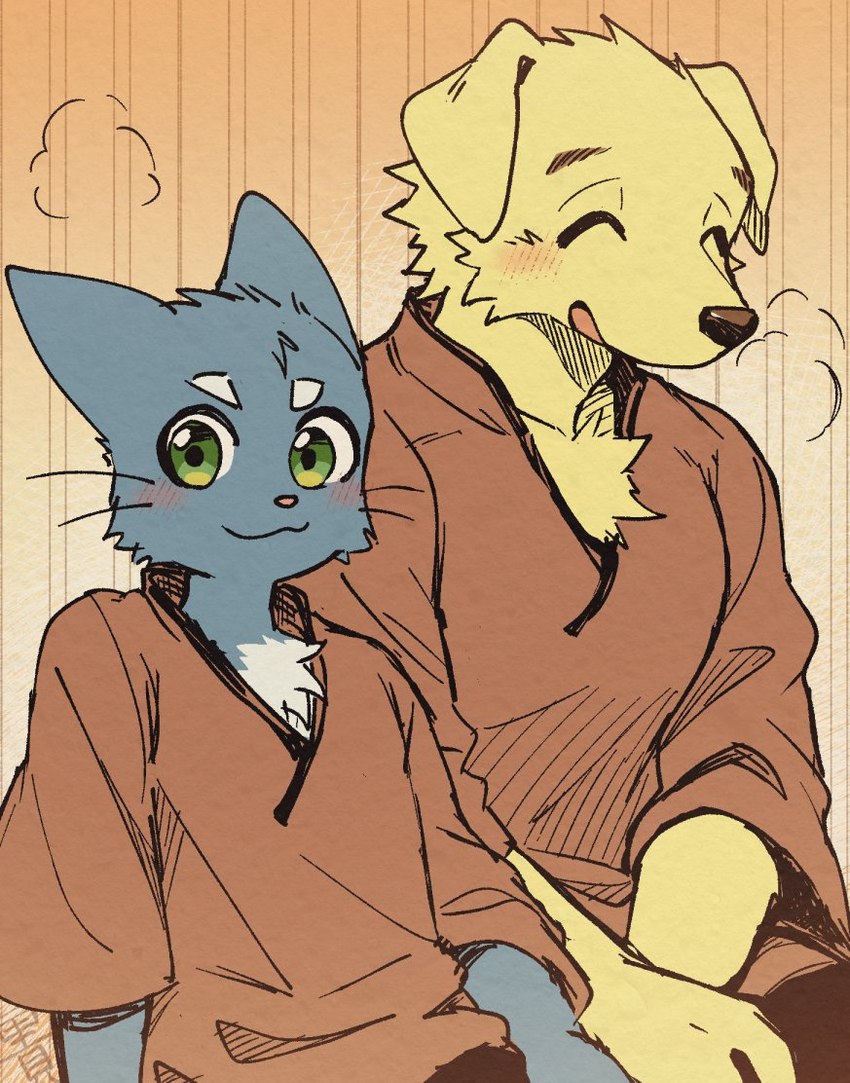 anthro blue_body blue_fur blush blush_lines clothed clothing duo eyebrows eyes_closed floppy_ears fur kemono male smile whiskers dark_ishihara aoniya_yuudai kaneinu_kosuke canid canine canis domestic_cat domestic_dog felid feline felis mammal