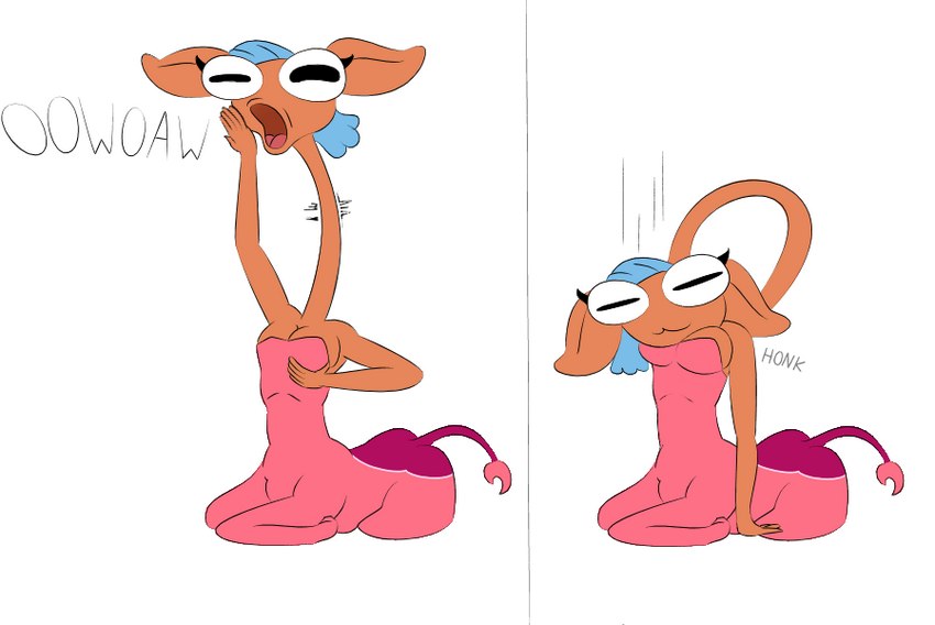 breasts cleavage clothed clothing female hand_on_breast head_between_breasts head_between_own_breasts holding_breast honk long_neck lying onomatopoeia open_mouth solo sound_effects text yawn around_drum centaurworld netflix glendale_(centaurworld) antelope bovid gerenuk gerenuk_taur humanoid mammal taur true_antelope