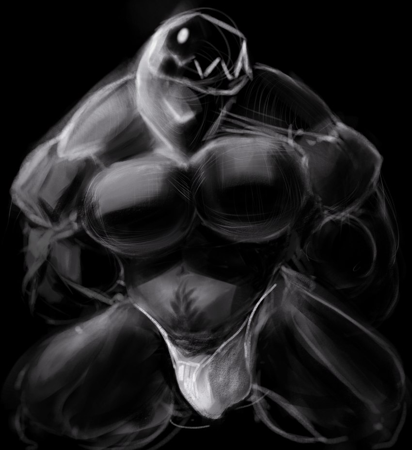 big_pecs body_hair bulge clothed clothing detailed_bulge male muscular muscular_male pecs sitting_on_knees underwear underwear_only drakei geometry_dash monster monster_(geometry_dash) hi_res monochrome