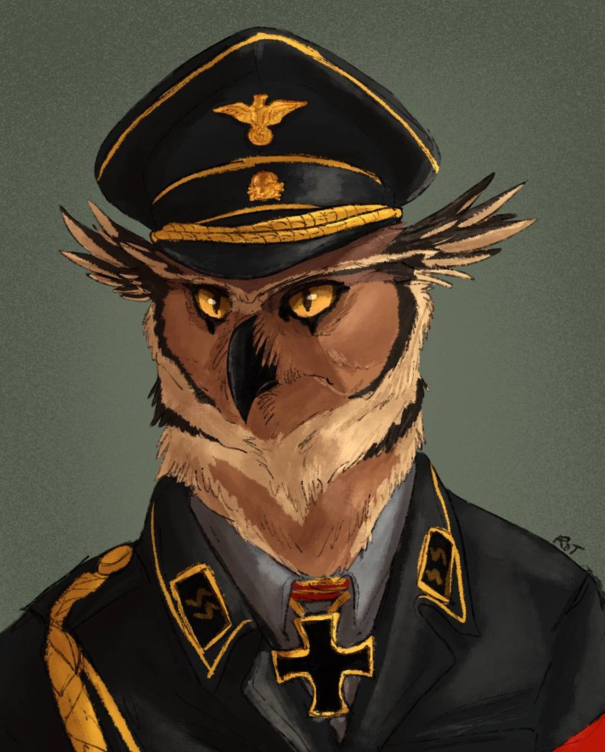 black_uniform clothing cross hat headgear headwear iron_cross male military military_cap military_uniform nazi nazi_armband nazi_uniform partieiadler solo totenkopf uniform saberhorn shin_(b-mashina) avian bird owl hi_res