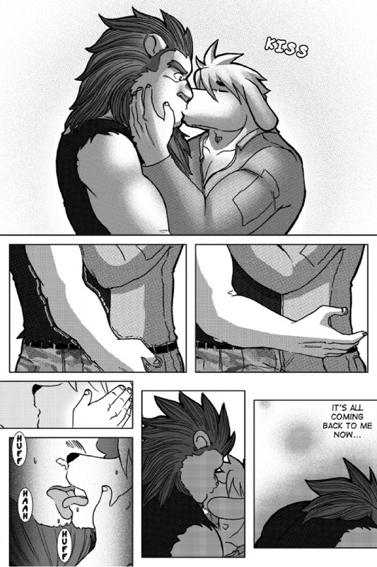 anthro biceps big_muscles dialogue kissing male male/male muscular muscular_male pecs text tongue ryuu_majin canid canine canis domestic_dog felid lion mammal pantherine comic english_text greyscale hi_res monochrome