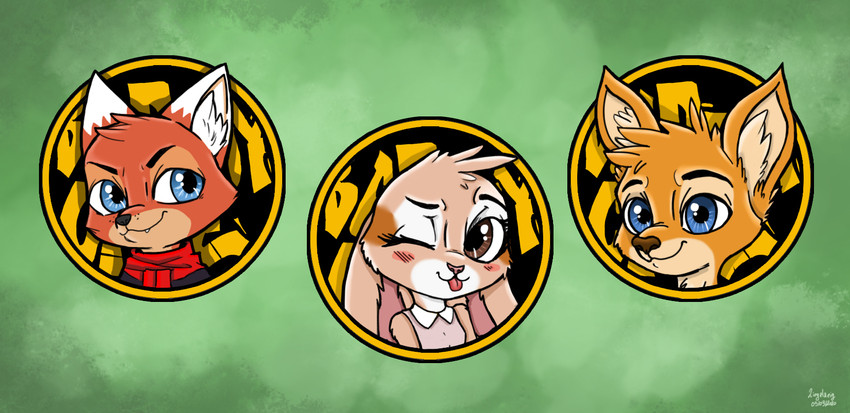 blep blue_eyes brown_eyes chibi fur orange_body orange_fur red_scarf scarf sticker tan_body tan_fur tongue tongue_out ziegelzeig bad_guy_cafe cimar ocerydia_zoona ziegelzeig_zoona canid canine fox kangaroo lagomorph leporid macropod mammal marsupial rabbit hi_res