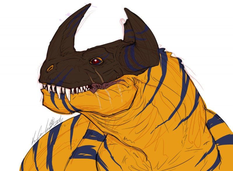 fangs feral horn male scar simple_background solo teeth white_background regentshaw bandai_namco digimon digimon_(species) dinosaur greymon prehistoric_species reptile scalie theropod sketch