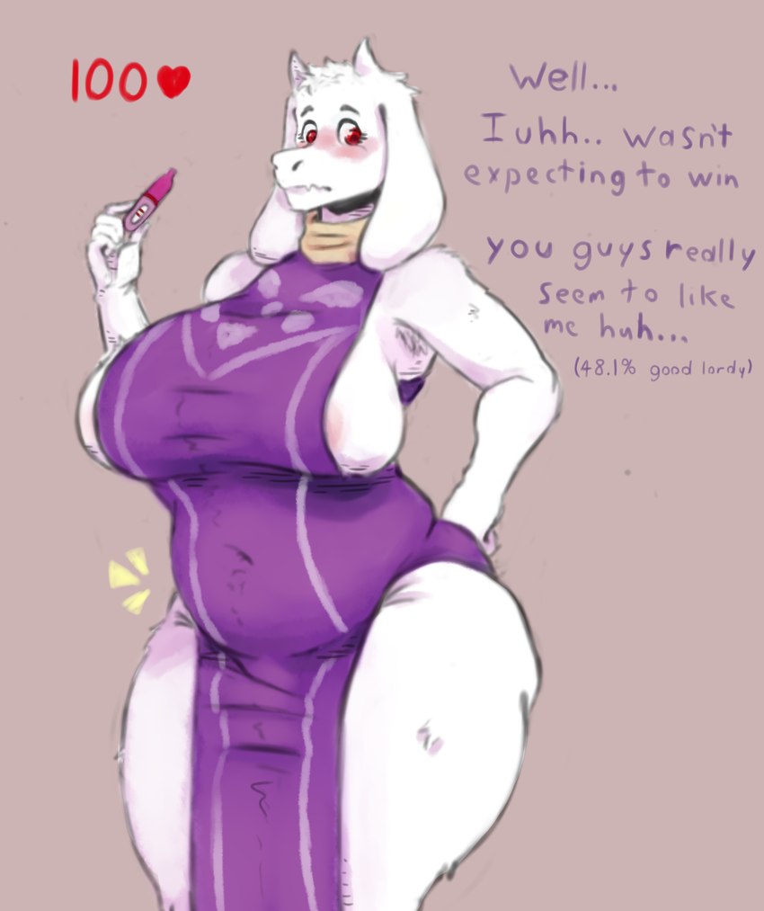 anthro areola areola_slip big_breasts blush breasts clothing dress female mature_female pink_areola pregnancy_test pregnant pregnant_anthro pregnant_female slightly_chubby slightly_chubby_female solo text thick_thighs tight_clothing tight_dress wide_hips awful_lad undertale_(series) toriel bovid caprine goat mammal monster absurd_res english_text hi_res