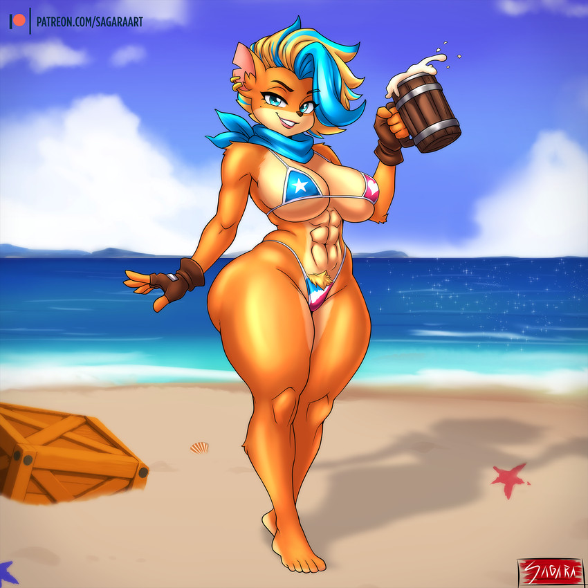 abs alcohol anthro beer beer_mug beverage big_breasts big_butt bikini bikini_thong blonde_hair blue_hair breasts butt clothing female hair huge_butt huge_hips huge_thighs micro_bikini mohawk multicolored_hair muscular muscular_anthro muscular_female pubes side_boob solo string_bikini swimwear text thick_thighs two-piece_swimsuit two_tone_hair under_boob wide_hips sagaraart activision crash_bandicoot_(series) pirate_tawna bandicoot mammal marsupial 1:1 hi_res url
