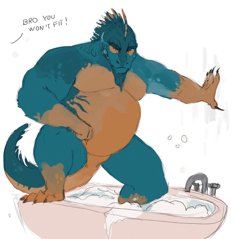 anthro bath bathtub belly brown_body brown_scales claws dewlap_(anatomy) dialogue featureless_crotch green_body green_scales gular_flap male nude offscreen_character overweight overweight_anthro overweight_male scales solo sub-tympanic_shield suds text toe_claws water vetrowolf iguana iguanid lizard reptile scalie absurd_res english_text hi_res