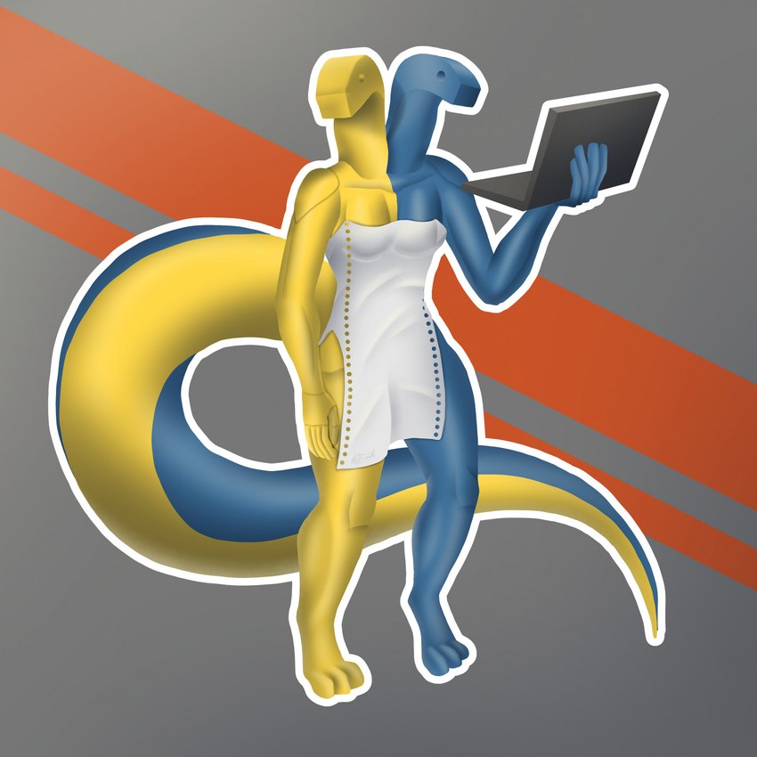 2_heads anthro blue_body breasts clothed clothing computer dress electronics female laptop mouthless multi_head multicolored_body outline simple_background small_breasts solo two_tone_body white_clothing white_dress yellow_body affront python_(programming_language) python reptile scalie snake 1:1 hi_res