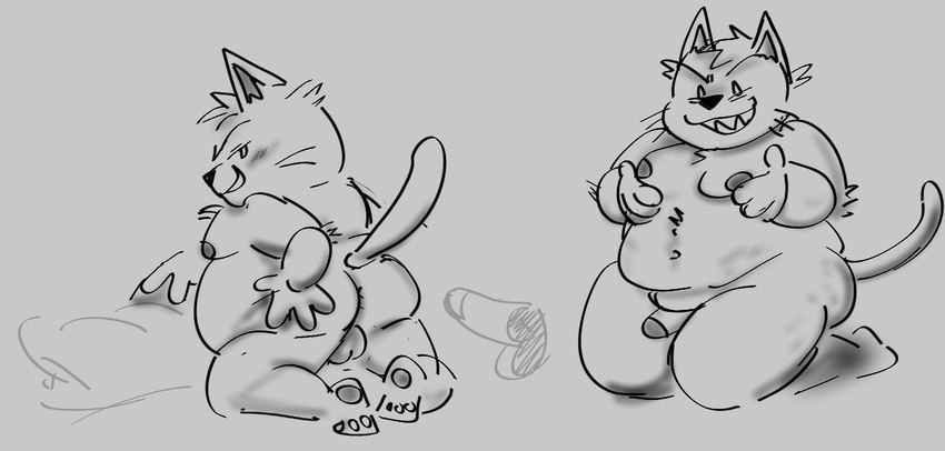 anthro backsack balls belly big_belly butt erection genitals male male/male moobs nipples overweight overweight_male penis pillow presenting presenting_hindquarters simple_background solo_focus weebdrawsnasty mappy goro_(mappy) domestic_cat felid feline felis mammal 2022 monochrome