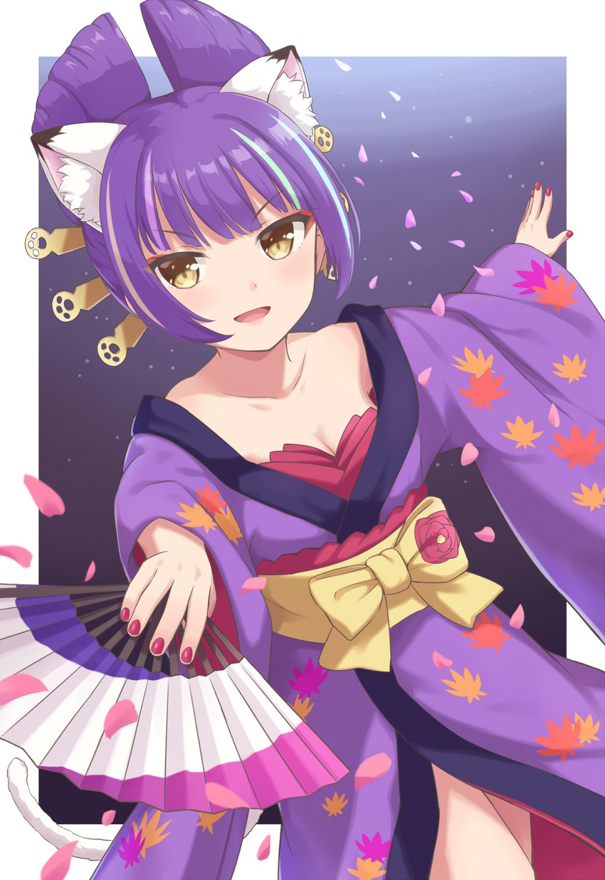 asian_clothing blush clothing colored_nails east_asian_clothing female fluffy_ears hair japanese_clothing kimono multi_ear nails open_mouth purple_hair short_hair simple_background solo yellow_eyes machikado07 sanrio show_by_rock!! daru_dayu_(show_by_rock!!) animal_humanoid cat_humanoid domestic_cat felid felid_humanoid feline feline_humanoid felis humanoid mammal mammal_humanoid hi_res