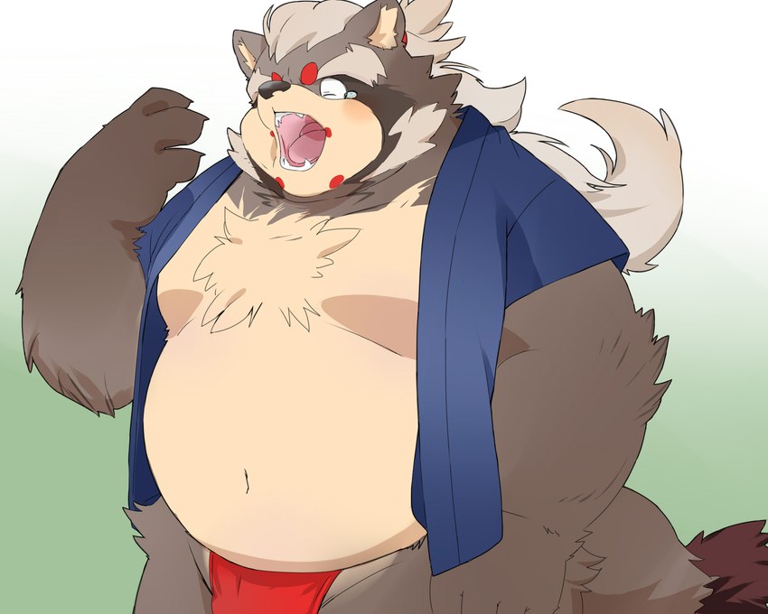 anthro asian_clothing belly big_belly clothing east_asian_clothing eyes_closed fundoshi japanese_clothing kemono male moobs open_mouth overweight overweight_male red_clothing red_fundoshi red_underwear solo underwear yawn inunoshippo lifewonders tokyo_afterschool_summoners goemon_(tas) canid canine mammal raccoon_dog tanuki 2022 5:4 hi_res