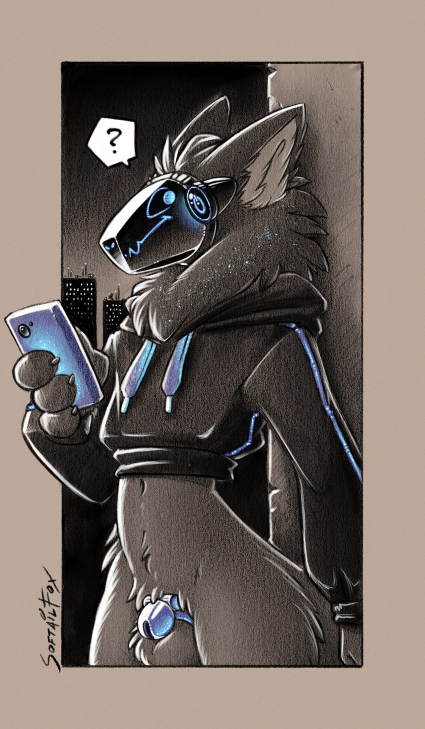 anthro balls blue_chastity_cage blue_glow bottomless casual_chastity cellphone chastity_cage chastity_device city city_background city_lights city_scape cityscape clothed clothing electronics fluffy genitals glowing glowing_blue glowing_eyes highlights_(coloring) hoodie looking_back looking_over_back looking_over_shoulders machine male mane navel night nub_chastity_cage penis phone simple_background simple_coloring small_penis smartphone solo speech_bubble topwear softailfox alley_the_toaster protogen black_and_white comic digital_drawing_(artwork) digital_media_(artwork) hi_res monochrome sketch nonbinary_(lore)