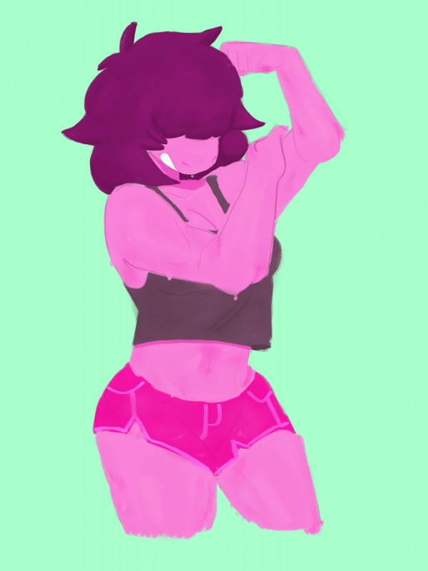 bodily_fluids breasts cleavage clothed clothing crop_top female hair muscular muscular_female navel non-mammal_breasts pink_body pink_hair pink_skin shirt smile solo sweat thick_thighs topwear amiokay deltarune undertale_(series) susie_(deltarune) scalie 3:4 absurd_res hi_res