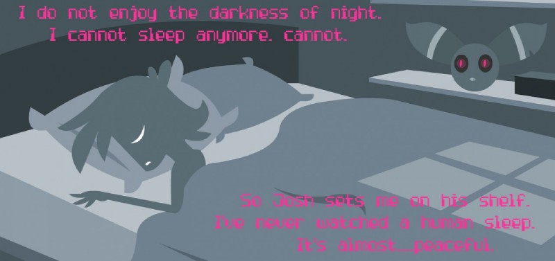 ambiguous_gender bed bedding bedroom blanket detachable detachable_head dipstick_ears duo ear_markings furniture inner_monologue long_ears machine male multicolored_ears narration night not_furry pillow pink_and_grey pink_eyes pink_text text thinking shane_frost eeple josh_(machine) human lagomorph mammal robot comic english_text