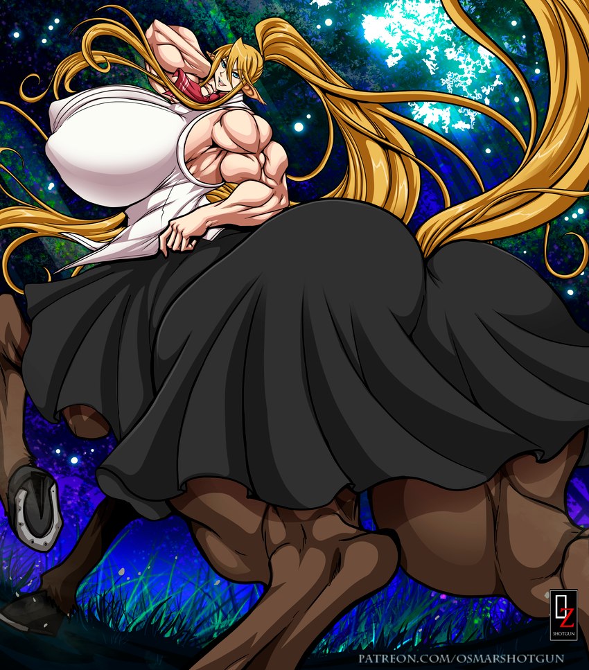 big_breasts big_butt blonde_hair breasts butt clothed clothing female hair huge_breasts huge_butt looking_at_viewer looking_back looking_back_at_viewer monster_girl_(genre) muscular muscular_female solo text osmar-shotgun european_mythology greek_mythology monster_musume mythology centorea_shianus_(monster_musume) centaur equid equid_taur humanoid_taur mammal mammal_taur taur absurd_res hi_res url