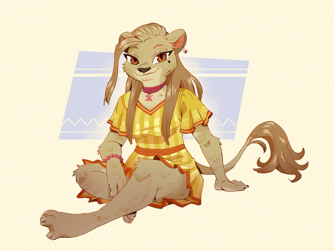 3_toes anthro blonde_hair bracelet breasts choker clothing crossed_legs dress ear_piercing ear_ring feet female fur hair jewelry long_hair long_tail looking_at_viewer markings mole_(marking) mole_under_eye necklace on_ground orange_eyes piercing pupils ring_piercing simple_background sitting slit_pupils small_breasts smile solo spread_toes tail tail_tuft toes tuft yellow_body yellow_fur ruffu kristina_(ruffu) felid lion mammal pantherine 4:3 digital_drawing_(artwork) digital_media_(artwork)