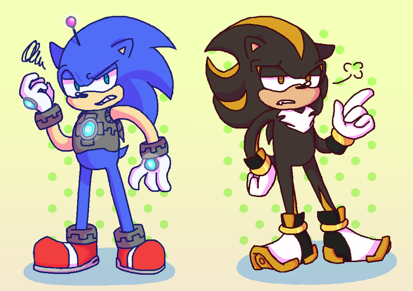 anthro armor black_body black_fur blue_body blue_eyes blue_fur clothing duo frown fur gloves handwear machine male yellow_body yellow_eyes yellow_fur hear-the-sonic-youth sega sonic_the_hedgehog_(series) shadow_android virtual_hedgehog eulipotyphlan hedgehog mammal robot