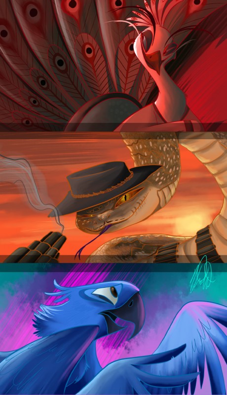 blue_body blue_feathers clothing feathers feral hat headgear headwear male pupils slit_pupils vivzmind blue_sky_studios dreamworks kung_fu_panda rango_(movie) rio_(series) blu_(rio) lord_shen rattlesnake_jake avian bird galliform macaw neotropical_parrot parrot peafowl phasianid pit_viper rattlesnake reptile scalie snake spix's_macaw true_parrot viper 2011 hi_res multiple_images