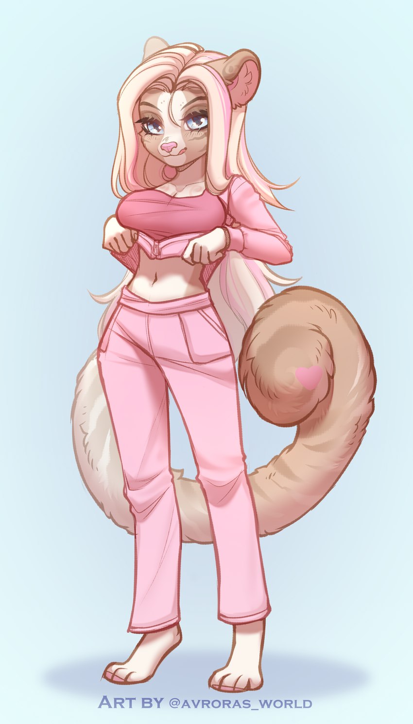 anthro blonde_hair blue_eyes clothed clothing clothing_lift female hair long_hair long_tail open_clothing open_shirt open_topwear paws pink_hair shirt shirt_lift smile solo tail tan_body tongue tongue_out topwear avroras_world purrcephone felid hybrid liger lion mammal pantherine 4:7 absurd_res hi_res