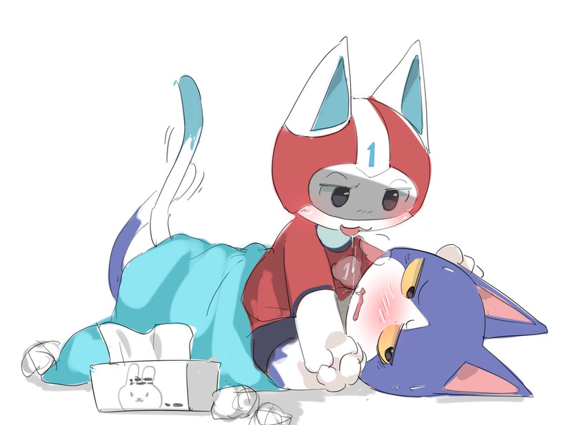 anthro armor bedding blanket blush bodily_fluids duo fur headgear helmet kissing male male/male saliva saliva_string superhero tissue_box visor white_body white_fur yatosuke animal_crossing nintendo kid_cat_(animal_crossing) tom_(animal_crossing) domestic_cat felid feline felis mammal hi_res