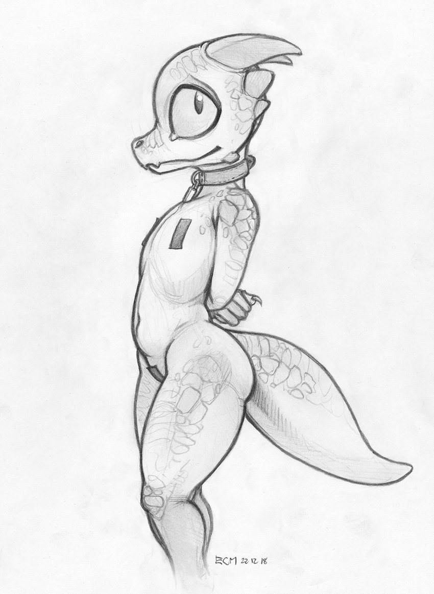 anthro big_eyes biped collar female hands_behind_back horn lock looking_at_viewer navel nipple_tape padlock padlocked_collar pasties pupils pussy_tape scales simple_background slit_pupils solo standing tail tape thick_tail white_background ecmajor mythology dragon kobold mythological_creature mythological_scalie scalie wingless_dragon 2022 greyscale hi_res monochrome signature traditional_media_(artwork)