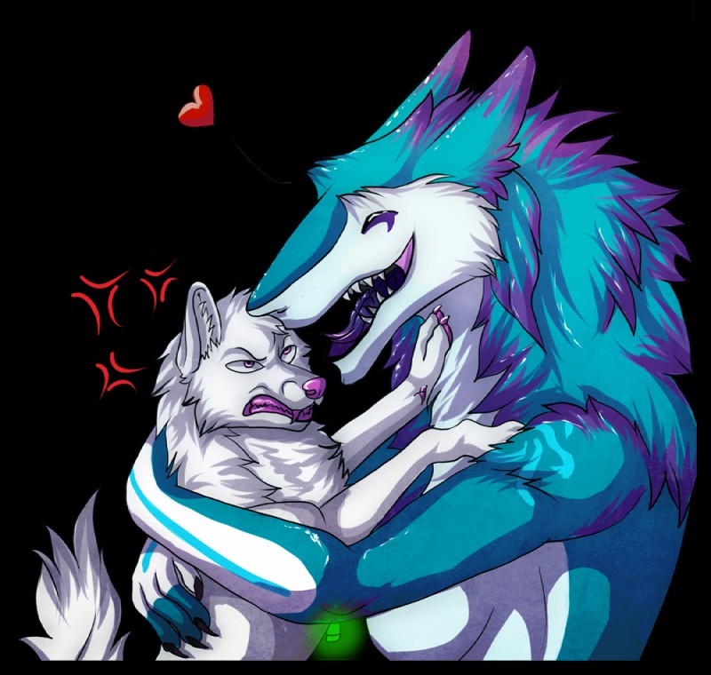 anthro blue_body blue_fur breasts duo female fur side_boob silvergrin kymimary canid canine canis mammal sergal wolf alpha_channel