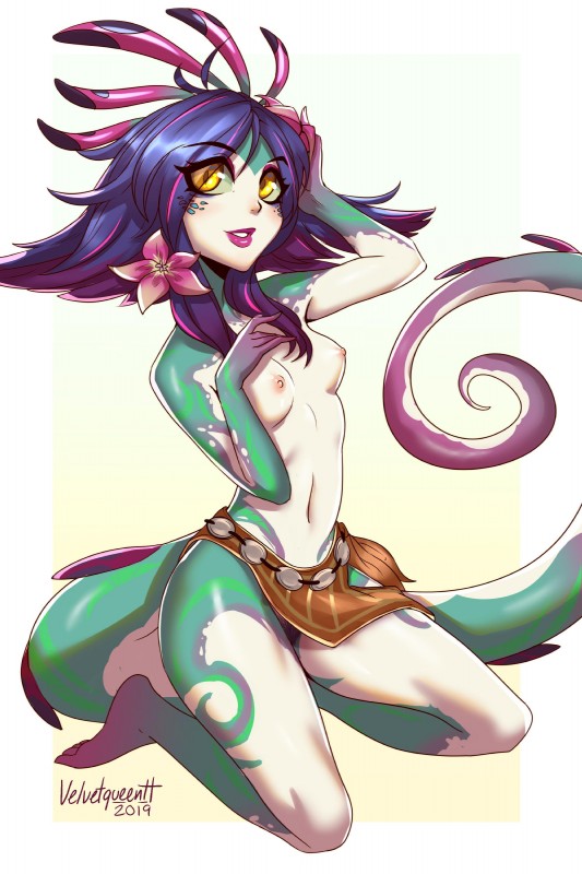 blue_hair bottomwear breasts clothed clothing female flower hair kneeling loincloth long_tail looking_at_viewer navel nipples plant pubes simple_background small_breasts smile solo tail topless yellow_eyes velvetqueenh league_of_legends riot_games tencent neeko_(lol) animal_humanoid humanoid lizard_humanoid reptile reptile_humanoid scalie scalie_humanoid 2:3 absurd_res hi_res