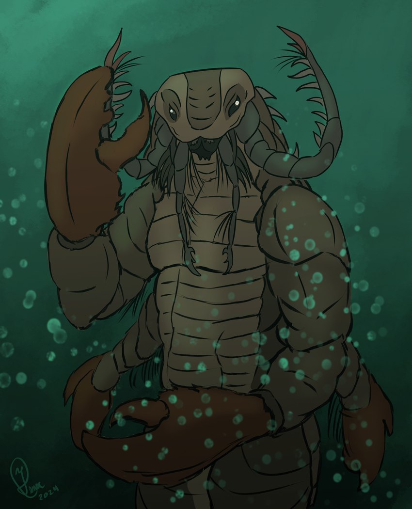 ancient anthro bubble chelicerae claws male multi_arm multi_limb pincers prompt sea simple_background solo threatening underwater water yenocwolf arthropod marine prehistoric_species sea_scorpion absurd_res hi_res