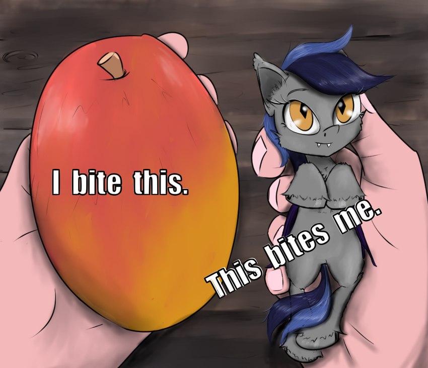 amber_eyes blue_hair duo fangs female feral food fruit fur grey_body grey_fur hair holding_character holding_object hooves mango_(fruit) plant pupils slit_pupils teeth chopsticks-pony hasbro my_little_pony echo_(oc) bat_pony equid mammal hi_res meme