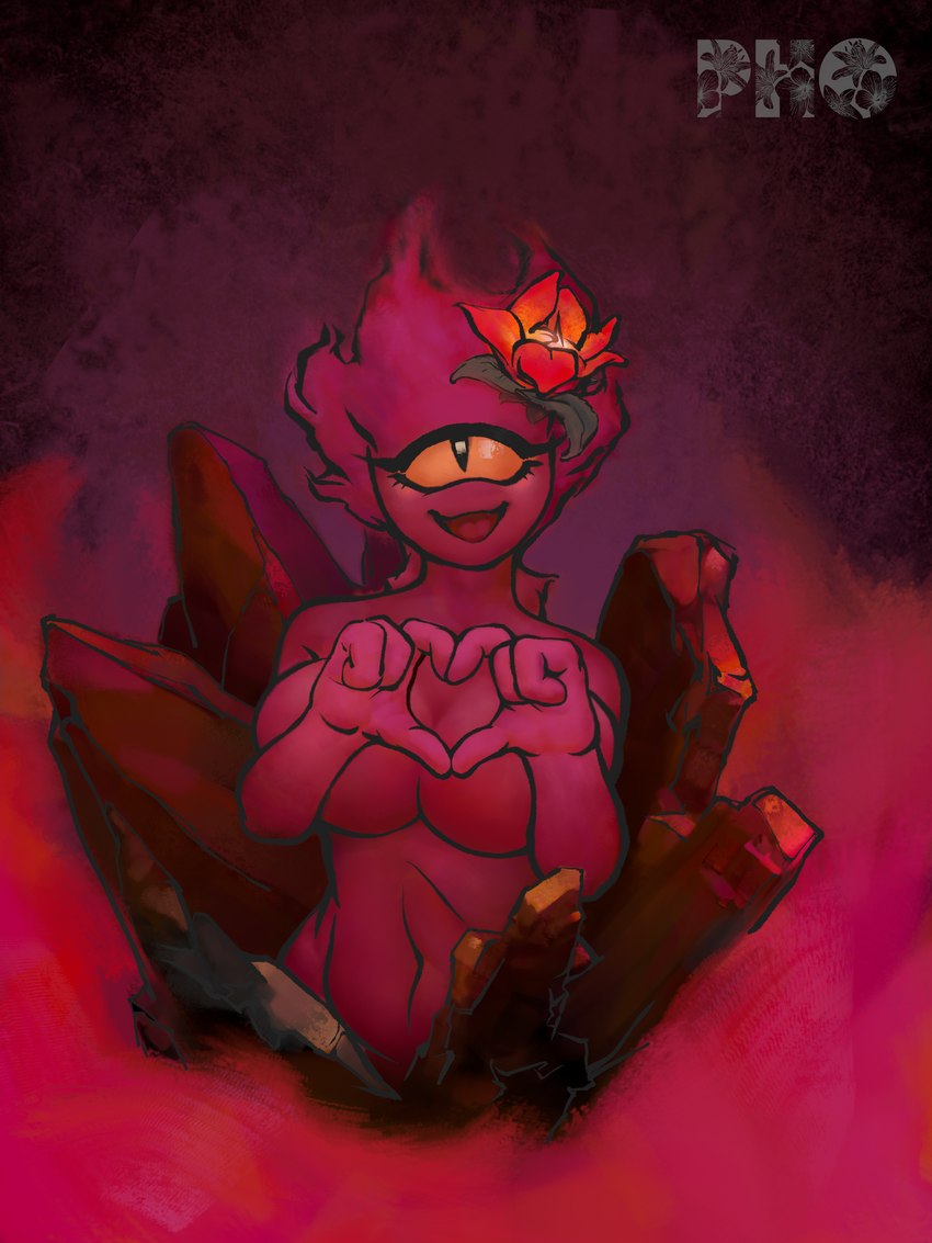 accessory big_breasts breasts female fire flower flower_in_hair hair hair_accessory heart_symbol lava not_furry plant simple_background smile smiling_at_viewer solo pholewd calamity_(terraria_mod) terraria brimstone_elemental_(terraria_mod) elemental_creature elemental_humanoid humanoid lava_creature lava_humanoid mineral_fauna mineral_humanoid 3:4 absurd_res hi_res