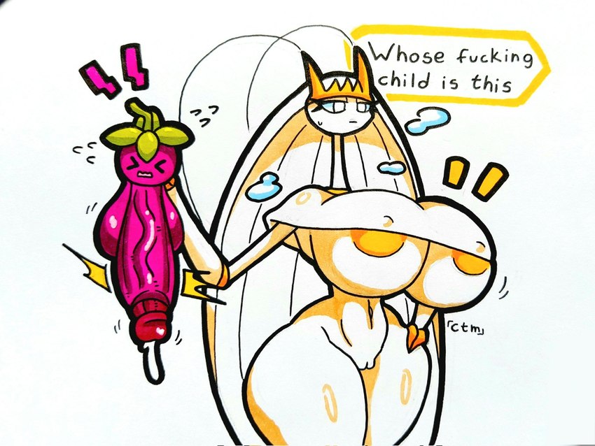 antennae_(anatomy) anthro areola areola_slip balls big_breasts big_penis bodily_fluids bottomless breasts clothed clothing dialogue duo eyelashes eyes_closed female genital_fluids genitals hand_on_hip holding_another huge_breasts huge_penis long_neck male navel nipple_outline open_mouth penis pink_body precum profanity pussy simple_background small_waist speech_bubble text thick_thighs topwear vein veiny_penis white_background white_body white_clothing white_eyes white_topwear wide_hipped_female wide_hips yellow_areola mr_ctm nintendo pokemon bounsweet generation_7_pokemon pheromosa pokemon_(species) ultra_beast 2023 4:3 english_text hi_res traditional_media_(artwork)