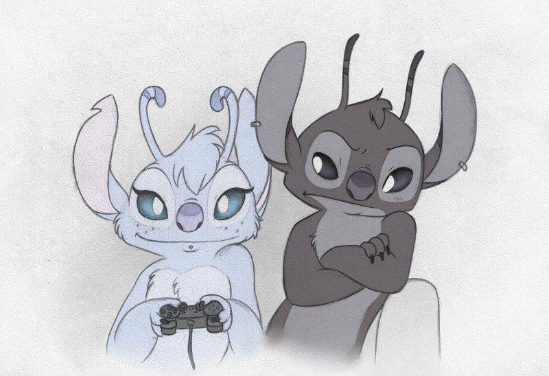 antennae_(anatomy) arms_bent arms_in_front arms_together black_body black_claws black_eyes black_fur blue_eyes cheek_tuft chest_tuft claws controller cord countershading crossed_arms duo ear_piercing eyelashes facial_piercing facial_tuft female freckles fur game_controller gaming grey_background grey_body grey_countershading grumpy hand_on_arm hand_on_forearm hand_on_own_arm hand_on_own_forearm head_tuft holding_arm holding_controller holding_forearm holding_game_controller holding_object leaning leaning_sideways looking_aside looking_at_viewer male notched_ear periwinkle_fur piercing playing_video_game playstation_button_symbol playstation_controller pupils purple_nose questioning simple_background smile tuft white_background white_pupils wired_controller solosandwich disney dualshock dualshock_3 lilo_and_stitch playstation playstation_3 sony_corporation sony_interactive_entertainment ark_(solosandwich) chamille fan_character alien experiment_(lilo_and_stitch) 2016 hi_res mixed_media