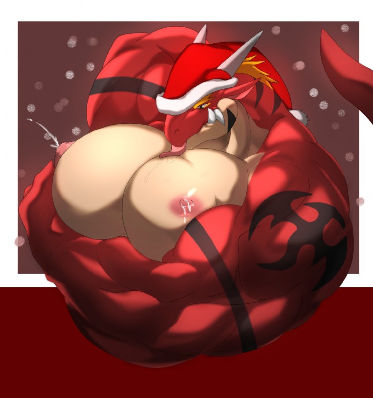 big_pecs blonde_hair bodily_fluids christmas_clothing christmas_headwear clothing countershading hair hat headgear headwear holidays lactating male male_lactation milk muscular muscular_male nipples pec_milking pecs pink_nipples projectile_lactation red_body red_skin santa_hat solo tan_body tan_skin magangz christmas monster_(game) mythology delga dragon mythological_creature mythological_scalie scalie hi_res