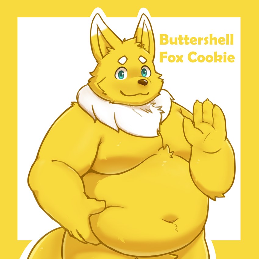 anthro belly male nude overweight overweight_male solo text yellow_body binca_233 cookie_run buttershell_fox canid canine fox mammal 1:1 2022 hi_res