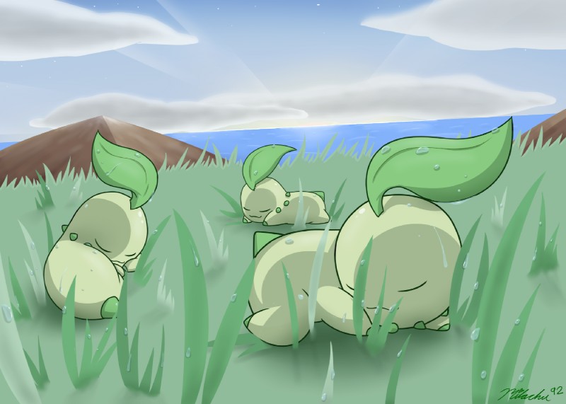 alternate_form ambiguous_gender dew eyes_closed feral grass group horizon leaf lying mountain on_front outside plant sea sky sleeping smile sunrise water milachu92 nintendo pokemon chikorita generation_2_pokemon pokemon_(species) 2017 digital_drawing_(artwork) digital_media_(artwork) signature