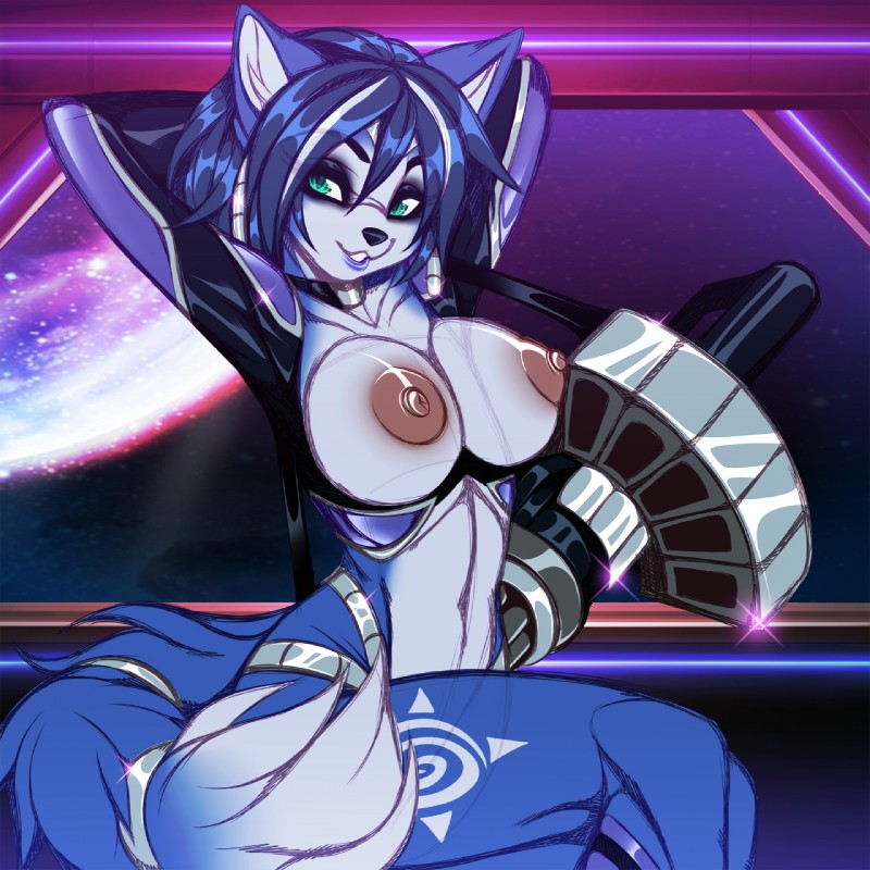 anthro areola big_breasts blue_body blue_fur blue_hair breasts clothed clothing female fur gatling_gun green_eyes gun hair long_hair machine_gun nipples pink_nipples raised_arm ranged_weapon shirt smile solo teeth tight_clothing topless topwear weapon crystal-for-ever nintendo star_fox krystal_(star_fox) canid canine fox mammal 1:1 2016 hi_res