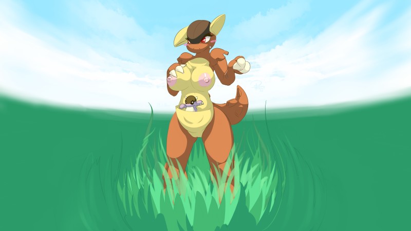 anthro baby blush blush_stickers breasts casual_nudity claws cloud detailed_background duo fangs female genitals grass in_pouch mature_anthro mature_female nipples nude outside pink_nipples plant pokemorph pouch_(anatomy) pussy red_eyes social_nudity teeth young elpatrixf nintendo pokemon baby_kangaskhan generation_1_pokemon kangaskhan pokemon_(species) 16:9 hi_res wallpaper widescreen mother_(lore) mother_and_child_(lore) parent_(lore) parent_and_child_(lore)