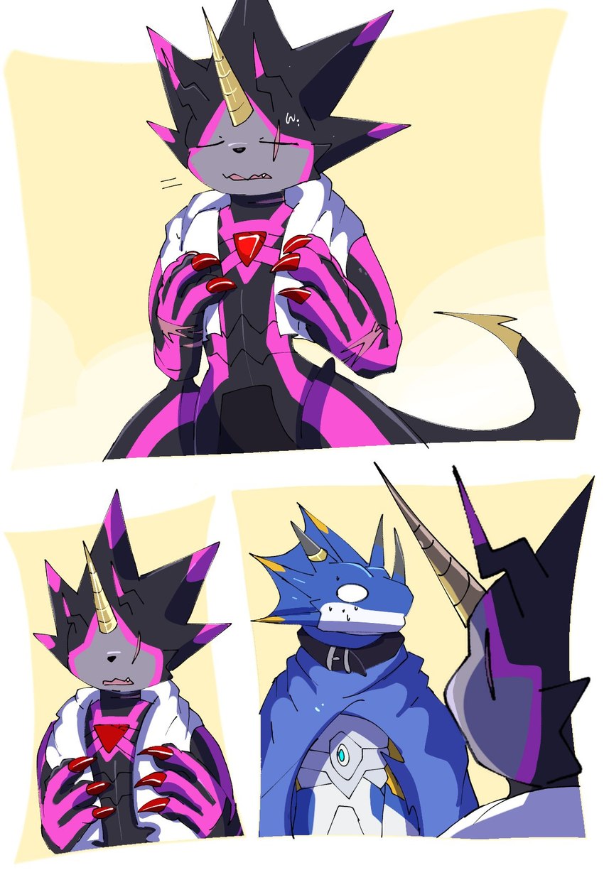 anthro belt black_body black_sclera blue_body cape caught_in_the_act claws clothing duo embarrassed evolutionary_family horn male towel matrixdragonn bandai_namco digimon digimon_(species) gulusgammamon kausgammamon hi_res