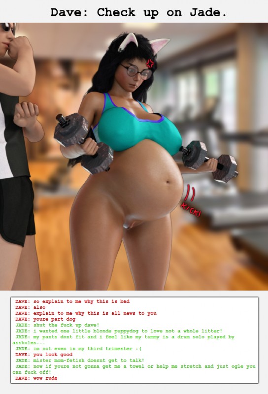 belly big_belly big_breasts black_hair breasts dark_body dark_skin duo eyewear female female_focus genitals hair pregnant profanity pussy solo_focus sunglasses text breedingduties homestuck ms_paint_adventures dave_strider jade_harley animal_humanoid canid canid_humanoid canine canine_humanoid dog_humanoid humanoid mammal mammal_humanoid 3d_(artwork) digital_media_(artwork) english_text hi_res