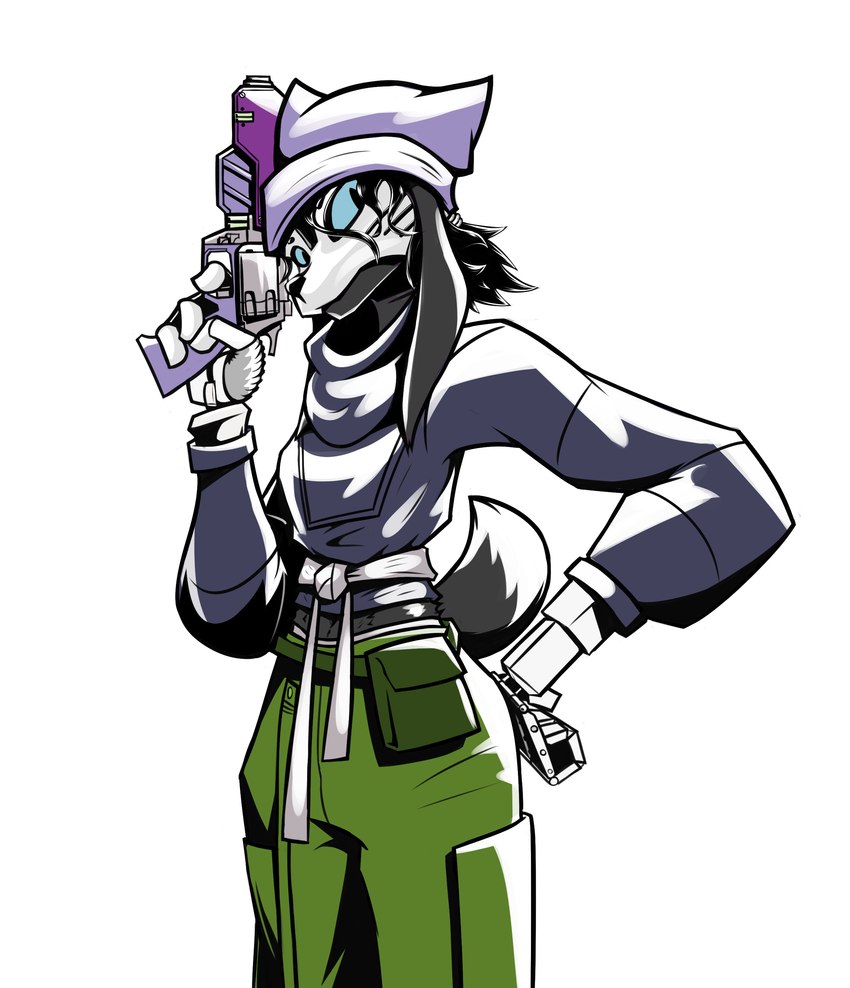 4_fingers anthro bad_trigger_discipline beanie bionic_hand bionics black_body black_fur black_hair blue_eyes bottomwear cargo_pants clothed clothed_anthro clothed_female clothing cybernetic_face cybernetic_hand cybernetics female female_anthro fingers floppy_ears fully_clothed fur green_cargo_pants gun hair handgun hat headgear headwear holding_gun holding_handgun holding_object holding_ranged_weapon holding_revolver holding_weapon hoodie looking_at_viewer machine midriff pants ponytail ranged_weapon revolver scut_tail short_tail simple_background solo tail topwear weapon white_background gatonejo moloko_(gatonejo) cyborg domestic_cat felid feline felis hybrid lagomorph leporid mammal rabbit absurd_res hi_res