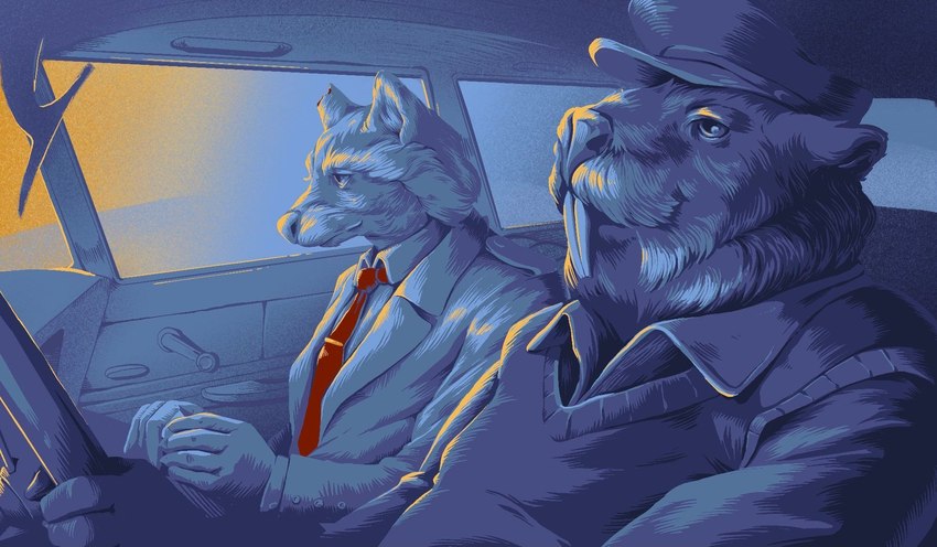 anthro car clothing duo hat headgear headwear humanoid_hands inside_car inside_vehicle male necktie shirt topwear vehicle unknown_artist tails_noir anatoly_(tails_noir) howard_lotor beaver mammal procyonid raccoon rodent 2021 hi_res official_art