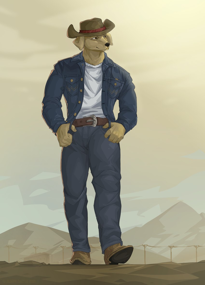 biped boots clothed clothing cowboy_boots cowboy_hat cowboy_outfit day detailed_background footwear front_view fully_clothed hat headgear headwear male outside shoes solo fluffy_cactus canid canine canis domestic_dog mammal absurd_res digital_media_(artwork) digital_painting_(artwork) full-length_portrait hi_res painting_(artwork) portrait shaded yellow_theme