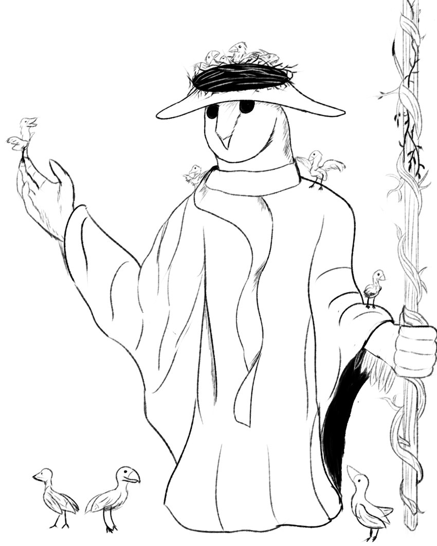 anthro beak big_hands black_eyes clothed clothing druid fantasy fingers group hat headgear headwear holding_object holding_staff looking_at_another magic_user male nest scarf simple_background staff standing tribal_spellcaster leprzil inktober avian barn_owl bird owl tyto tytonid 2022 4:5 digital_media_(artwork) hi_res monochrome sketch