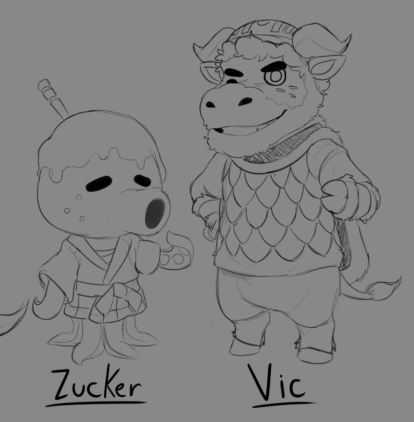 anthro armor clothing duo eyes_closed headgear helmet male one_eye_closed robe simple_background text wink dinonugget_bird animal_crossing nintendo vic_(animal_crossing) zucker_(animal_crossing) bovid bovine cattle mammal 2020 hi_res monochrome