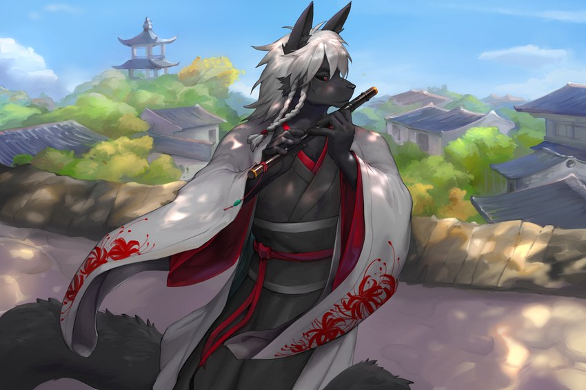 against_surface against_wall anthro asian_clothing black_nose black_sclera blue_sky braided_hair building chinese_clothing clothed clothing cloud dappled_light day east_asian_clothing floral_print fluffy fluffy_tail fog front_view fully_clothed fur glistening glistening_hair grey_body grey_fur hair hanfu holding_flute inner_ear_fluff jade_(gem) long_tail male outside oversized_clothing pagoda plant playing_flute playing_music red_eyes red_ribbon robe sash sky solo standing tail tree tuft white_clothing white_hair white_robe wind vu06 kurotsuki_(kurotsuki0228) canid canine canis mammal wolf 2022 digital_media_(artwork) digital_painting_(artwork) hi_res portrait three-quarter_portrait