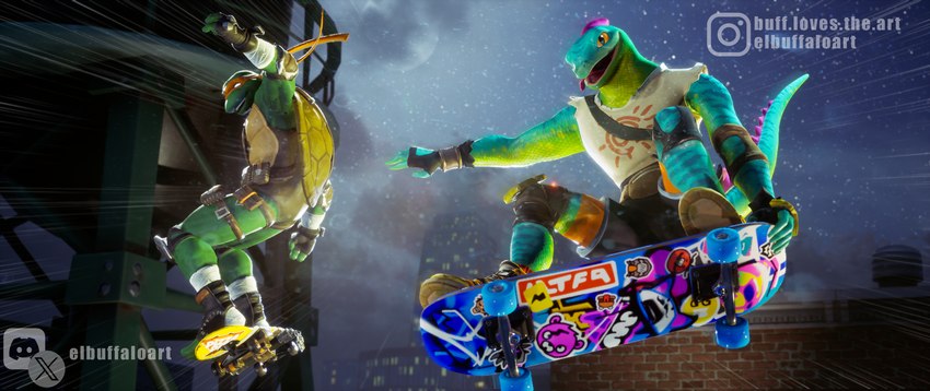 anthro clothed clothing duo feral green_body green_scales green_tail looking_at_viewer male mask night open_mouth orange_eyes outside pupils rooftop scales skateboard skateboarding slit_pupils smile tail tongue tongue_out toothless_mouth vehicle white_eyes bufflovestheart epic_games fortnite fortnite:_battle_royale teenage_mutant_ninja_turtles lizzik_(fortnite) michelangelo_(tmnt) box_turtle chameleon humanoid lizard mammal reptile scalie turtle 2024 3d_(artwork) digital_media_(artwork) hi_res unreal_engine_(artwork) watermark widescreen