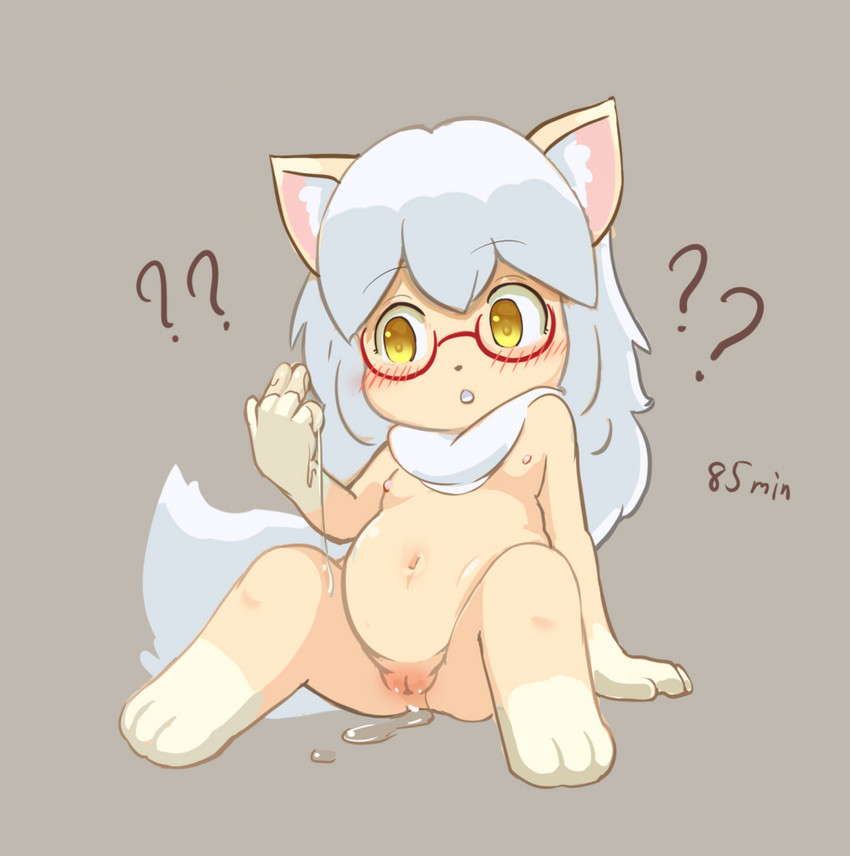 anthro blush bodily_fluids breasts confusion eyewear female fur genital_fluids genitals glasses hair navel nipples nude pussy question_mark sitting slightly_chubby small_breasts solo spread_legs spreading tan_body tan_fur vaginal_fluids white_hair yellow_eyes young young_anthro yojoo millie_(sirbrownbear) canid canine canis domestic_cat domestic_dog felid feline felis hybrid mammal