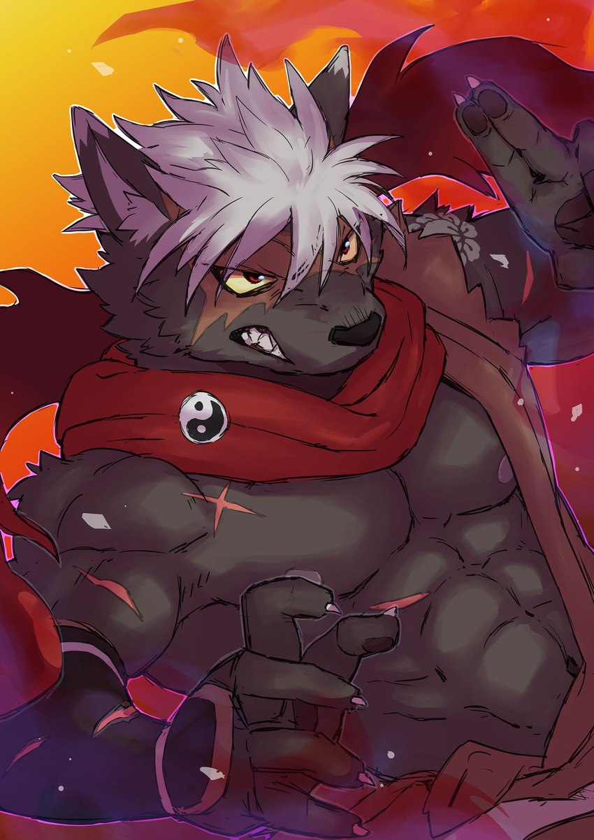 abs angry anthro black_body black_fur fur growling hair male muscular muscular_anthro muscular_male ninja nipples pecs scar scarf shirtless solo warrior white_hair sakuhuu lifewonders tokyo_afterschool_summoners tadatomo_(tas) canid canine canis domestic_dog mammal hi_res