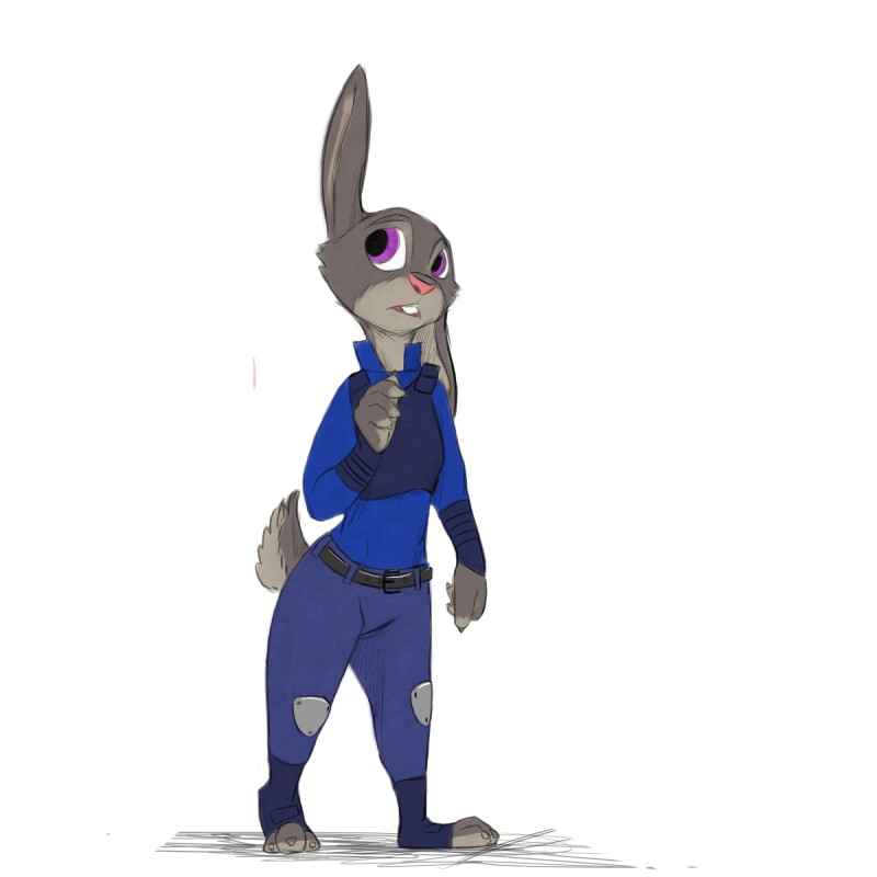 anthro buckteeth cheek_tuft clothed clothing facial_tuft fully_clothed fur grey_body grey_fur one_ear_up pink_nose police police_uniform purple_eyes simple_background solo standing teeth toeless_legwear tuft uniform white_background cerebral_knievel disney zootopia judy_hopps lagomorph leporid mammal rabbit 1:1 hi_res