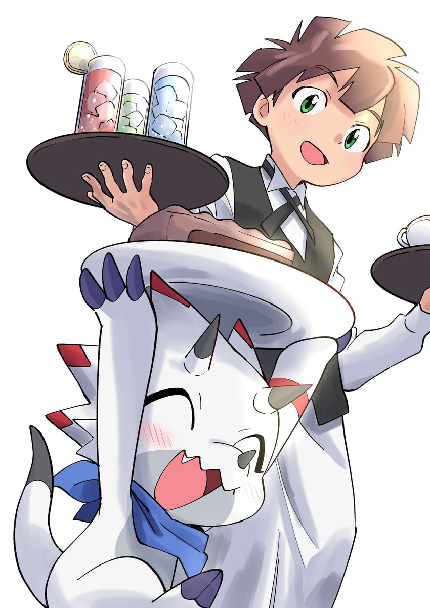 anthro blush brown_hair cake cake_slice container cup dessert duo food hair holding_object horn kerchief light_body light_skin male neckerchief neckwear serving serving_beverage serving_dessert serving_food serving_tray slice smile tea_cup waiter white_body baitotackey bandai_namco digimon digimon_ghost_game ceratopsian digimon_(species) dinosaur gammamon human mammal ornithischian prehistoric_species reptile scalie triceratops absurd_res hi_res