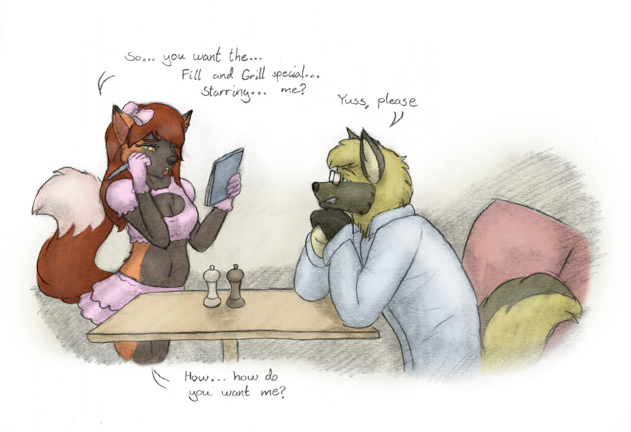 5_fingers accessory adolescent age_difference anthro black_body black_fur black_nose blonde_eyebrows blue_eyes bottomwear bow_ribbon breasts brown_eyebrows brown_hair cleavage clothed clothing dipstick_ears dipstick_tail duo ear_markings eyebrows eyewear female fingers fur furgonomics furniture glasses gloves hair hair_accessory hair_bow hair_ribbon handwear head_tuft holding_object inner_ear_fluff male male/female markings multicolored_body multicolored_ears multicolored_fur navel note_pad older_male open_mouth orange_inner_ear_fluff pen pink_tongue ribbons shirt simple_background skirt small_breasts table tail tail_markings tail_through_skirt tan_inner_ear_fluff text tongue topwear tuft wearing_glasses white_background yellow_body yellow_eyes yellow_fur young young_female younger_female meowmere kyle_blackpaw canid canine canis fox mammal wolf english_text hi_res